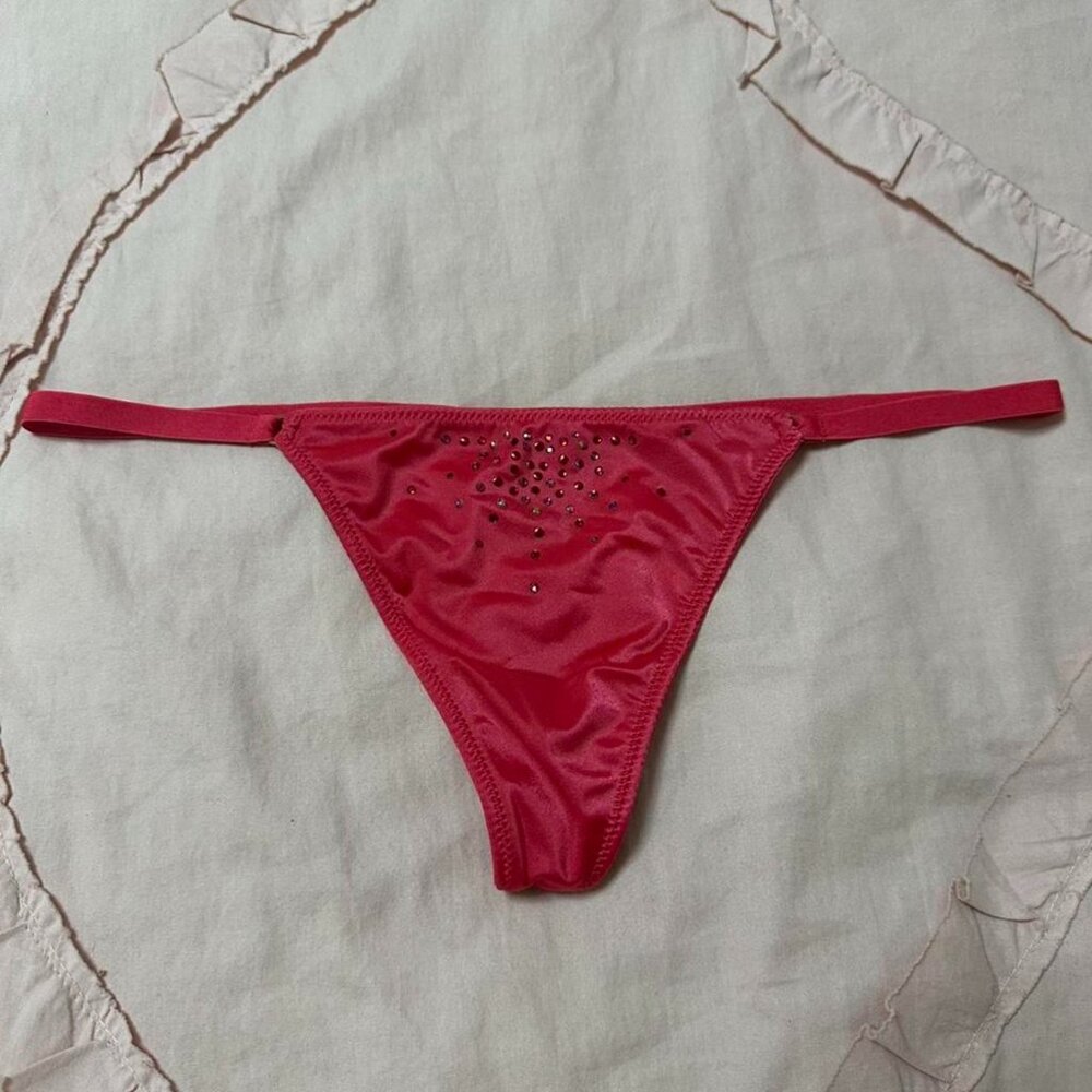 Vintage Victoria's Secret red satin V-string with rhinestone’s.